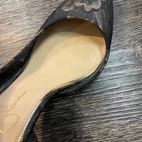 Jessica Simpson Livvy Pointed Toe Pumps Black Gold Foil Floral Print Size 8.5 - Picture 10 of 12